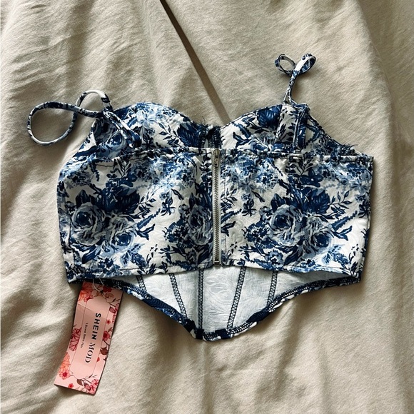 Floral Blue and White Bustier Top - Picture 2 of 2